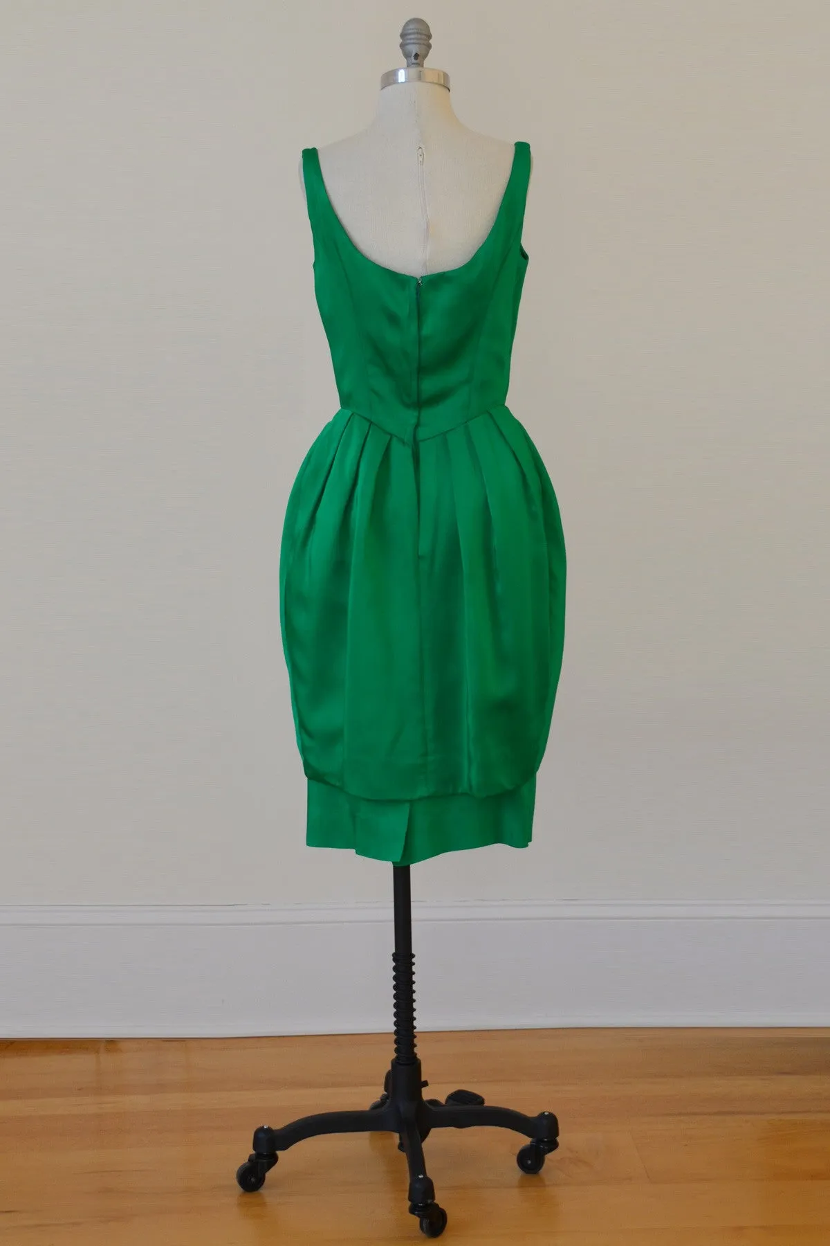 1960's Emerald Green Satin Bombshell Vintage Party Dress with Petal Skirt