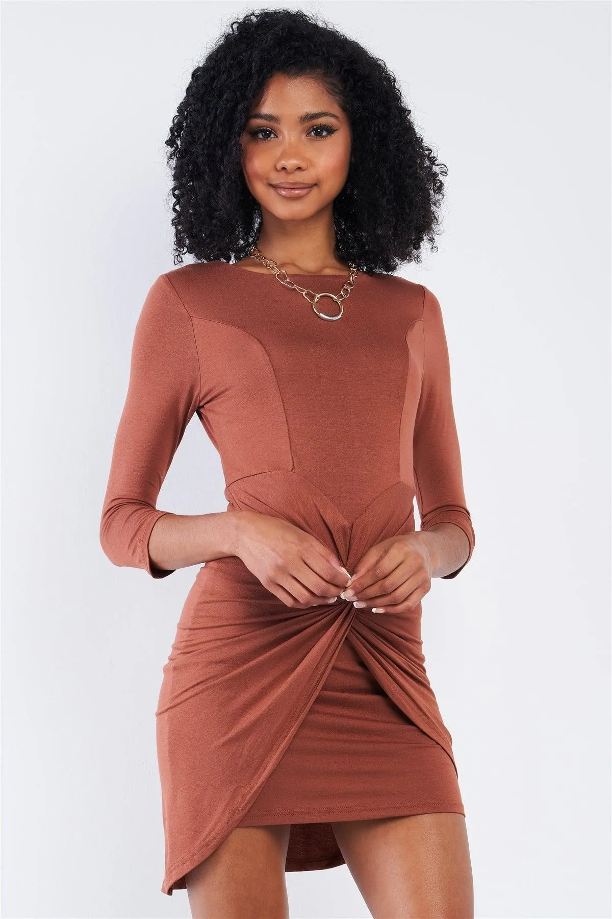 Asymmetrical Tight Fit Midi Sleeve Round Neck Front Twist Wrap Detail Mini Dress