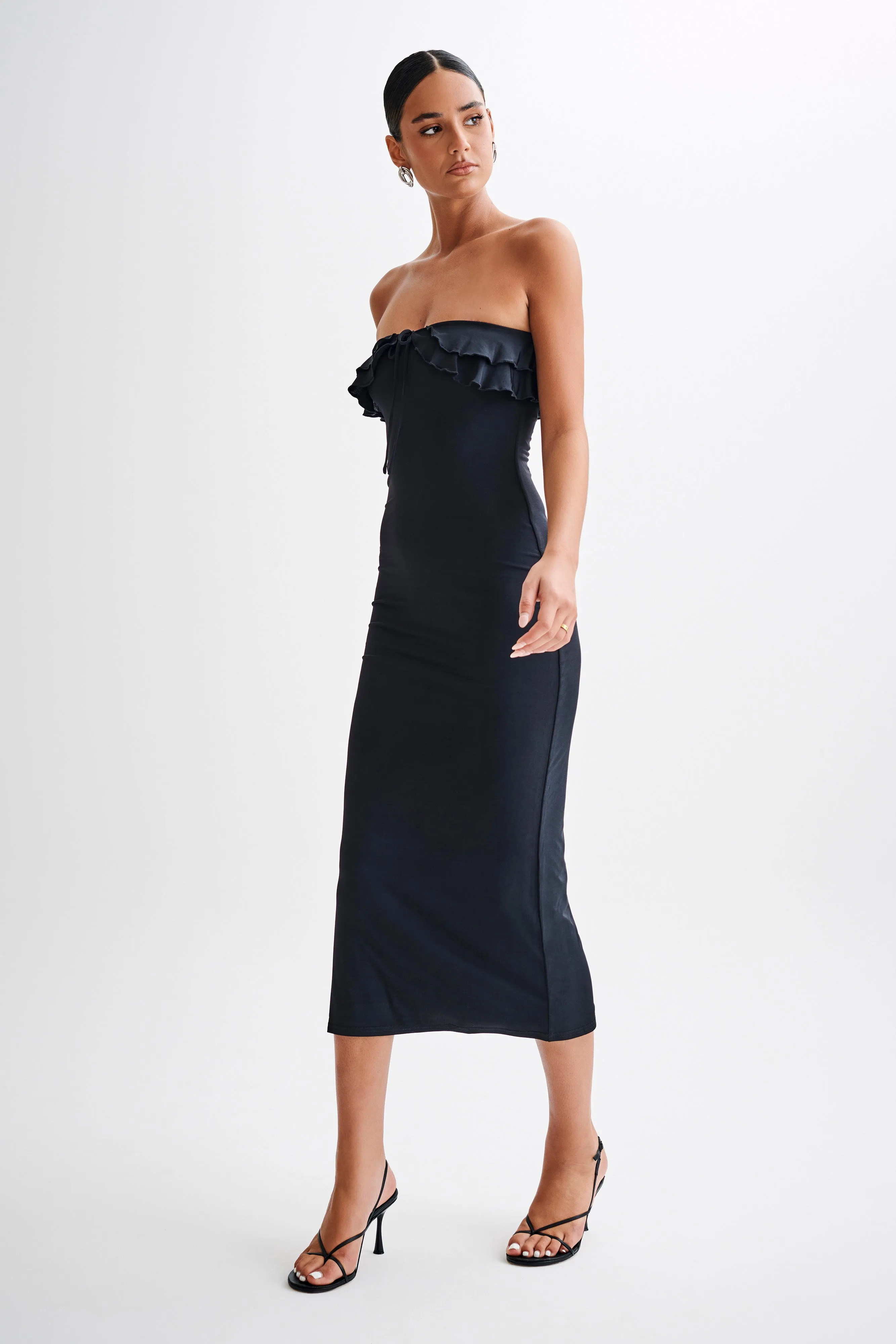 Bea Strapless Slinky Ruffle Midi Dress - Black