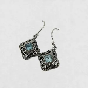 Blue Topaz Square Floral Silver Earrings