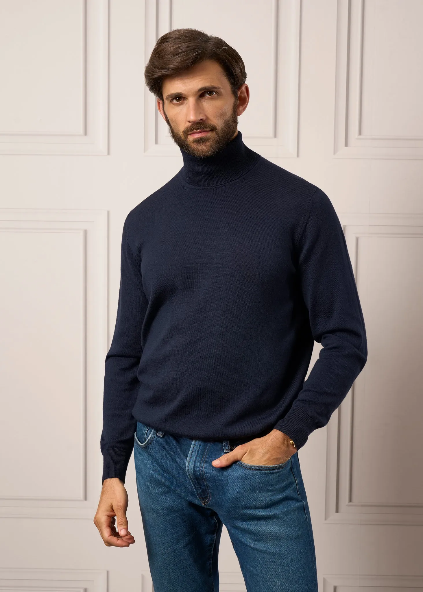 Bunbury Geelong Wool Roll Neck Jumper in Dark Navy - Regular Fit