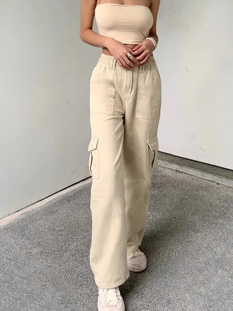 Casual Solid Straight Khaki High Waist Female Jeans Streetwear Basic Cargo Trousers Denim Loose Pockets Korean Pants