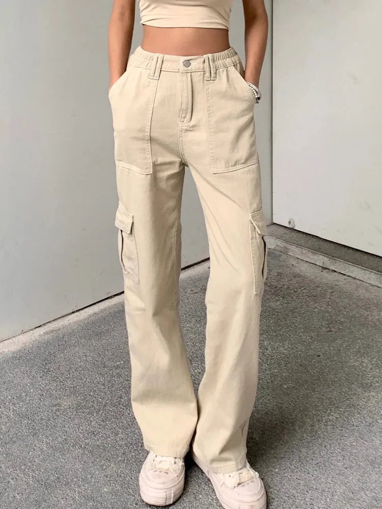 Casual Solid Straight Khaki High Waist Female Jeans Streetwear Basic Cargo Trousers Denim Loose Pockets Korean Pants