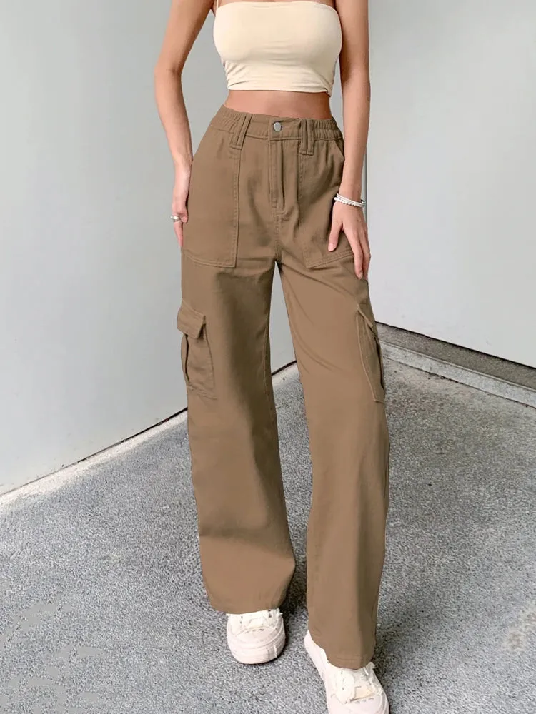 Casual Solid Straight Khaki High Waist Female Jeans Streetwear Basic Cargo Trousers Denim Loose Pockets Korean Pants