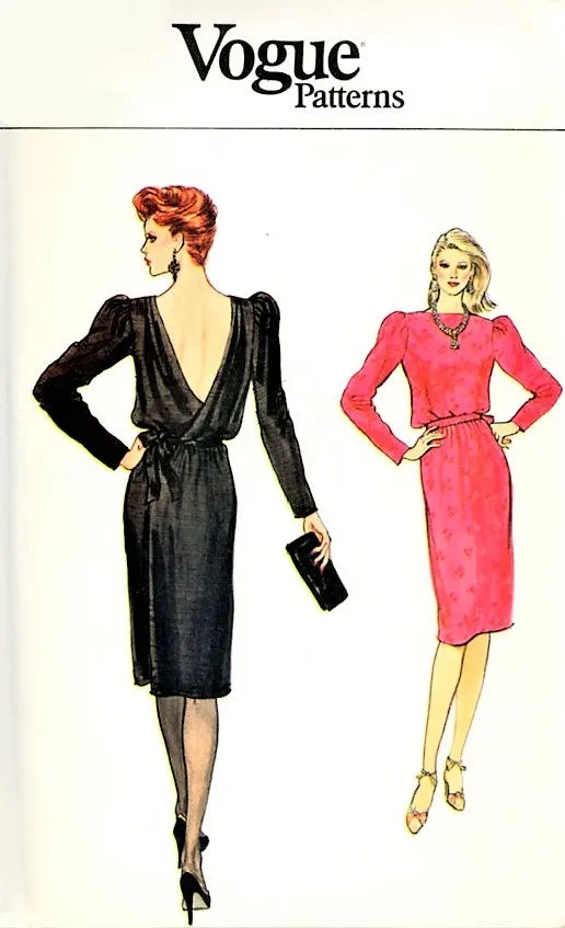 CLASSY 1980s Cocktail Evening Party Dress Pattern VOGUE 8540 Low Back Wrap Dress Bust 34 Vintage Sewing Pattern UNCUT