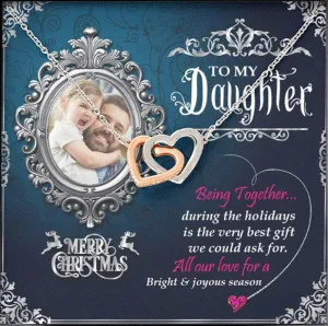 Dad To Daughter Interlocking Heart Necklace With Custom Photo Merry Christmas Wish Gift For Daughter