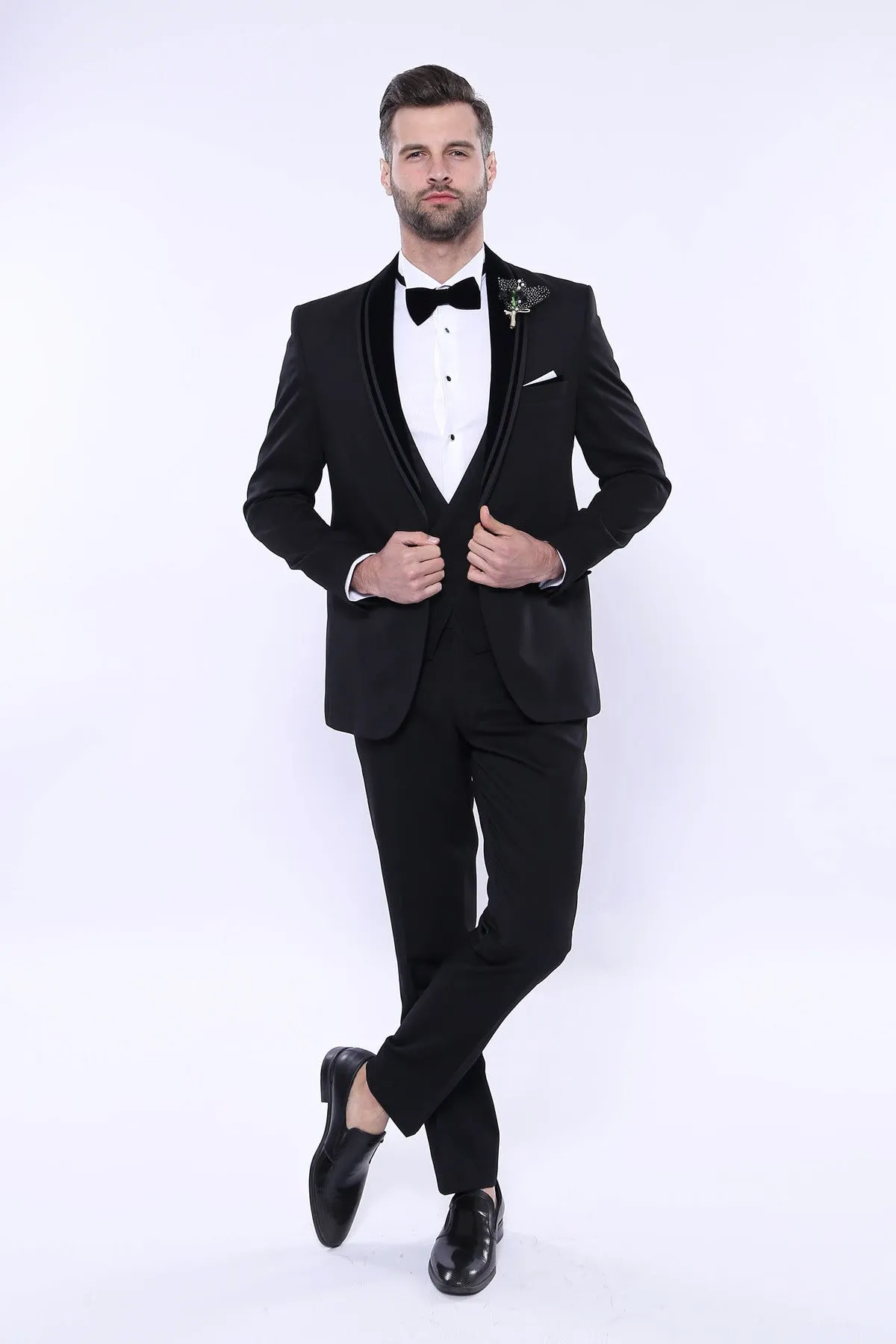 Detachable Velvet Lapel Black Tuxedo - Wessi