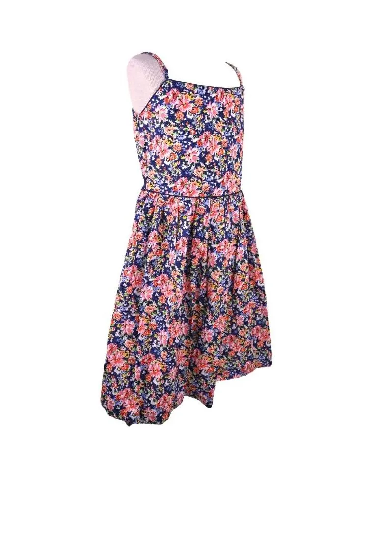 Dress Adjustable Strap Sipit Piping Shirring And Lining Floral Printed - Navy Blue/Pink