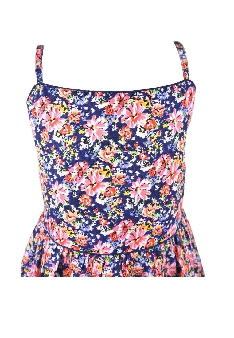 Dress Adjustable Strap Sipit Piping Shirring And Lining Floral Printed - Navy Blue/Pink