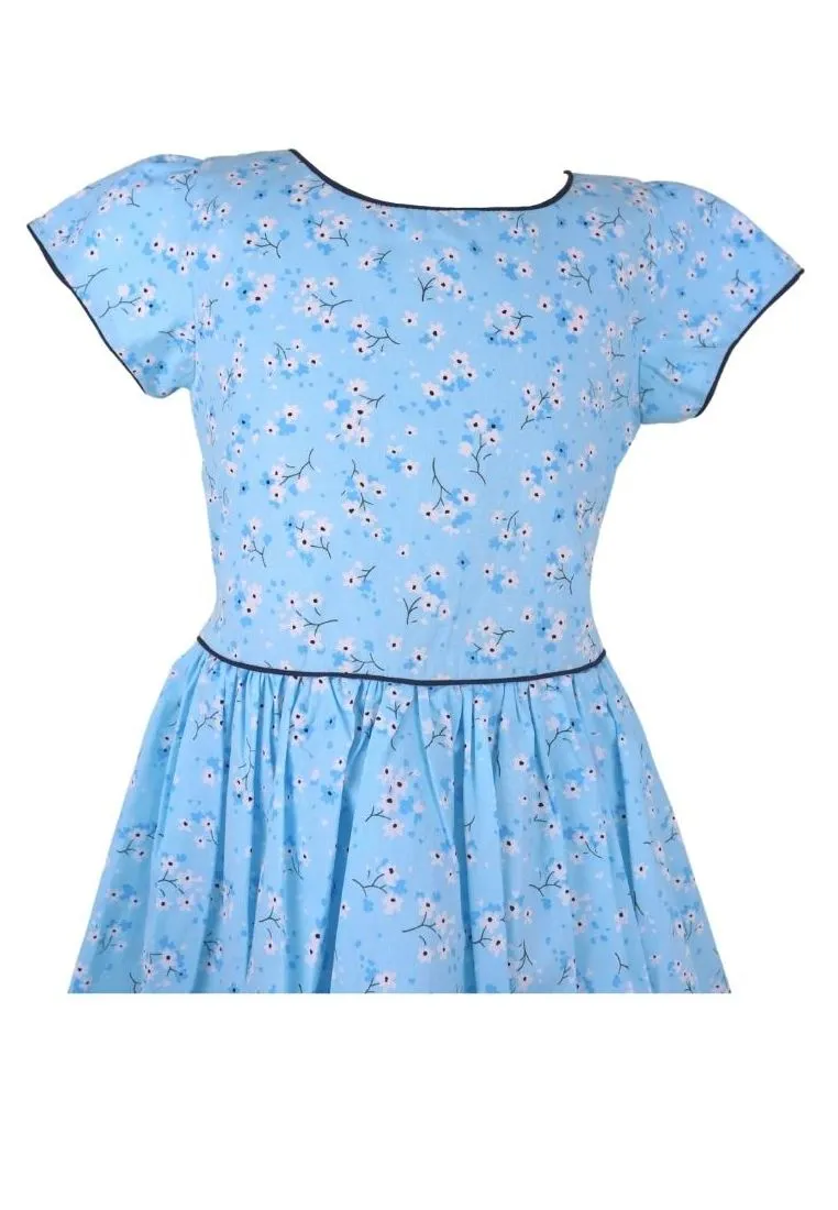 Dress Cabbage Short Sleeves Round Neck Floral Printed With Piping Shirring And Lining - Blue