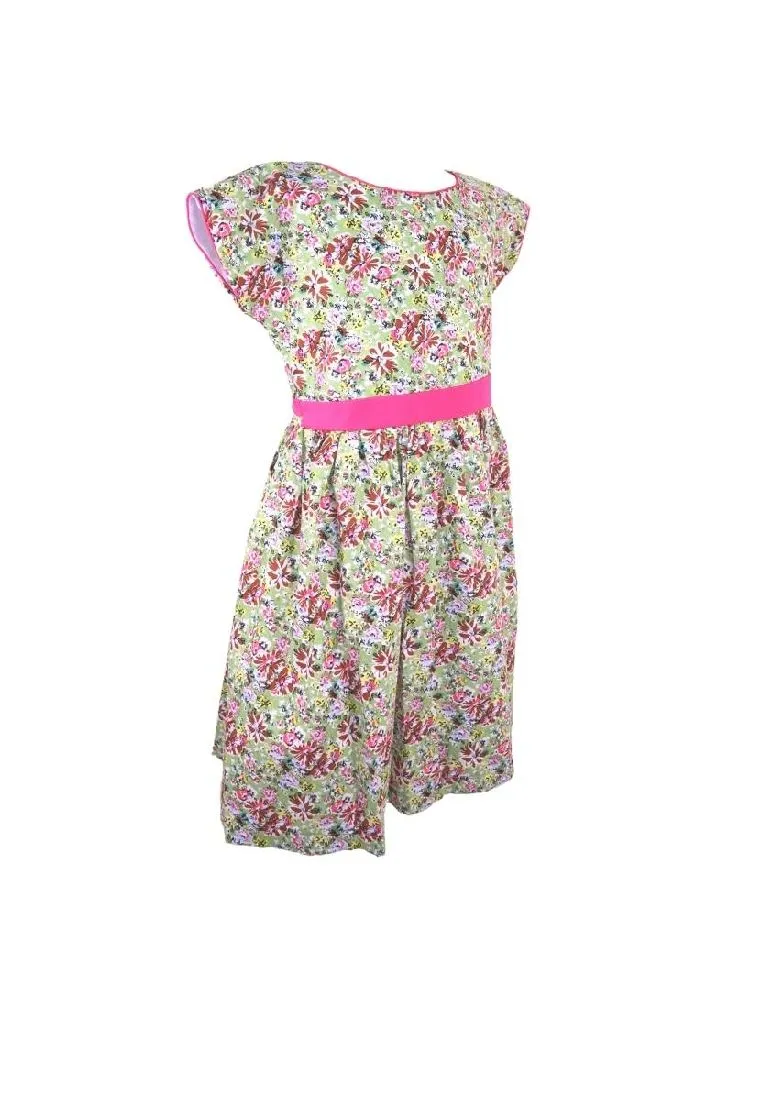 Dress Continuous Short Sleeves With Band Shiring And Lining Floral Printed - Green/Pink