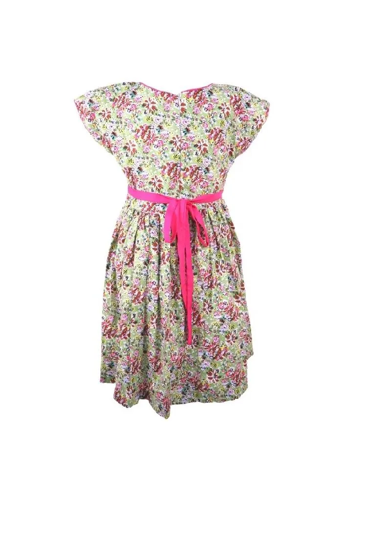 Dress Continuous Short Sleeves With Band Shiring And Lining Floral Printed - Green/Pink