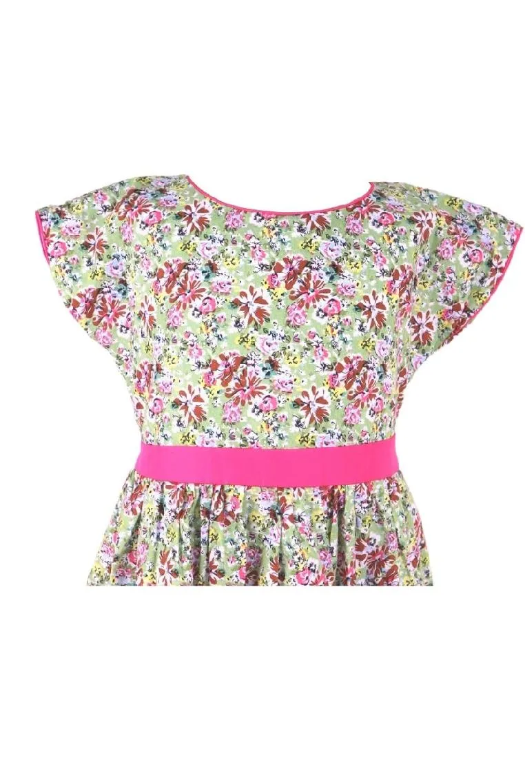 Dress Continuous Short Sleeves With Band Shiring And Lining Floral Printed - Green/Pink