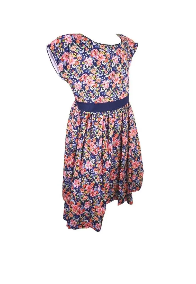 Dress Continuous Short Sleeves With Band Shiring And Lining Floral Printed - Navy Blue/Pink