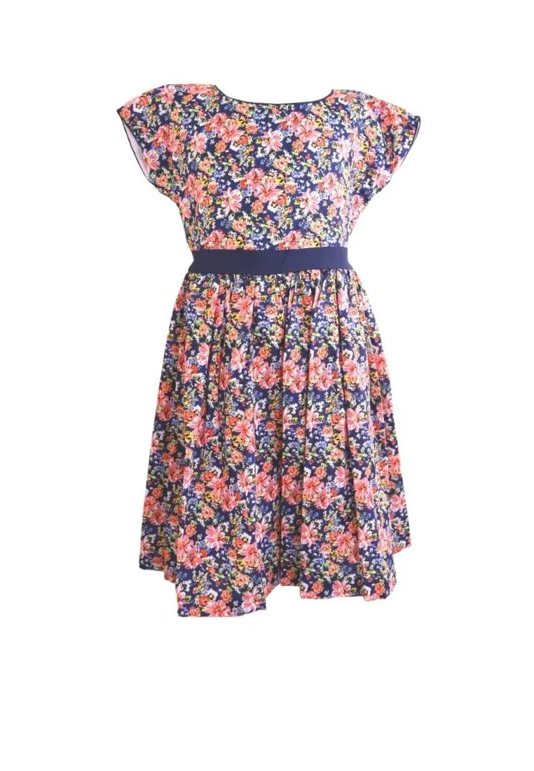 Dress Continuous Short Sleeves With Band Shiring And Lining Floral Printed - Navy Blue/Pink