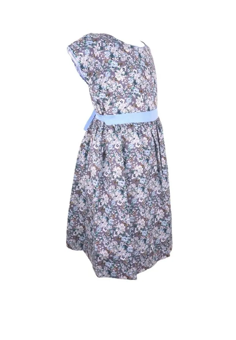 Dress Continuous Short Sleeves With Band Shiring And Lining Floral Printed - White/Blue