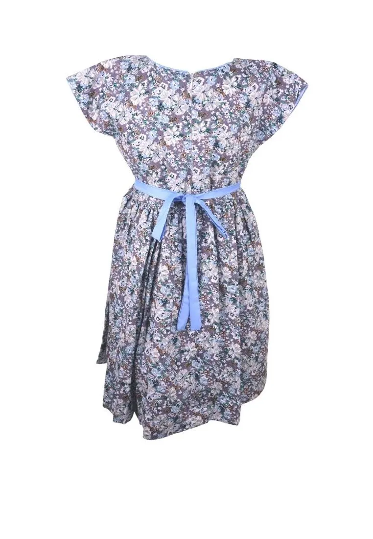 Dress Continuous Short Sleeves With Band Shiring And Lining Floral Printed - White/Blue