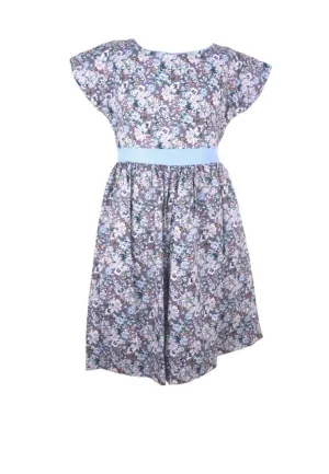 Dress Continuous Short Sleeves With Band Shiring And Lining Floral Printed - White/Blue