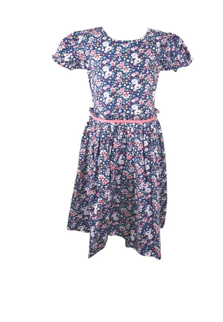 Dress Round Neck Puff Short Sleeves With Gartered Armhole Shirring Skirt Floral Printed Without Lining Plain - Navy Blue/Pink