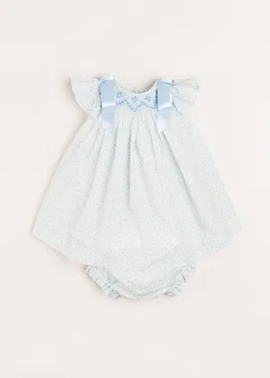 Elsie Floral Print Handsmocked Sleeveless Dress in Blue (1-6mths)