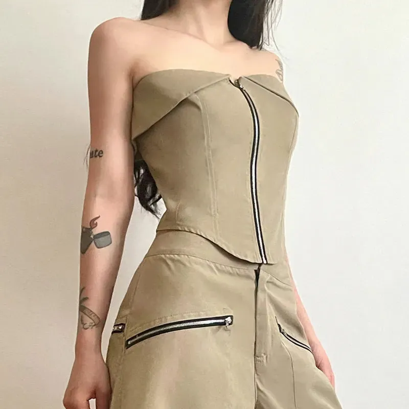 Fashion Strapless Khaki Draped Female Tube Top Corset Streetwear Cargo Style Summer Women's Tank Tops Crop Clubwear