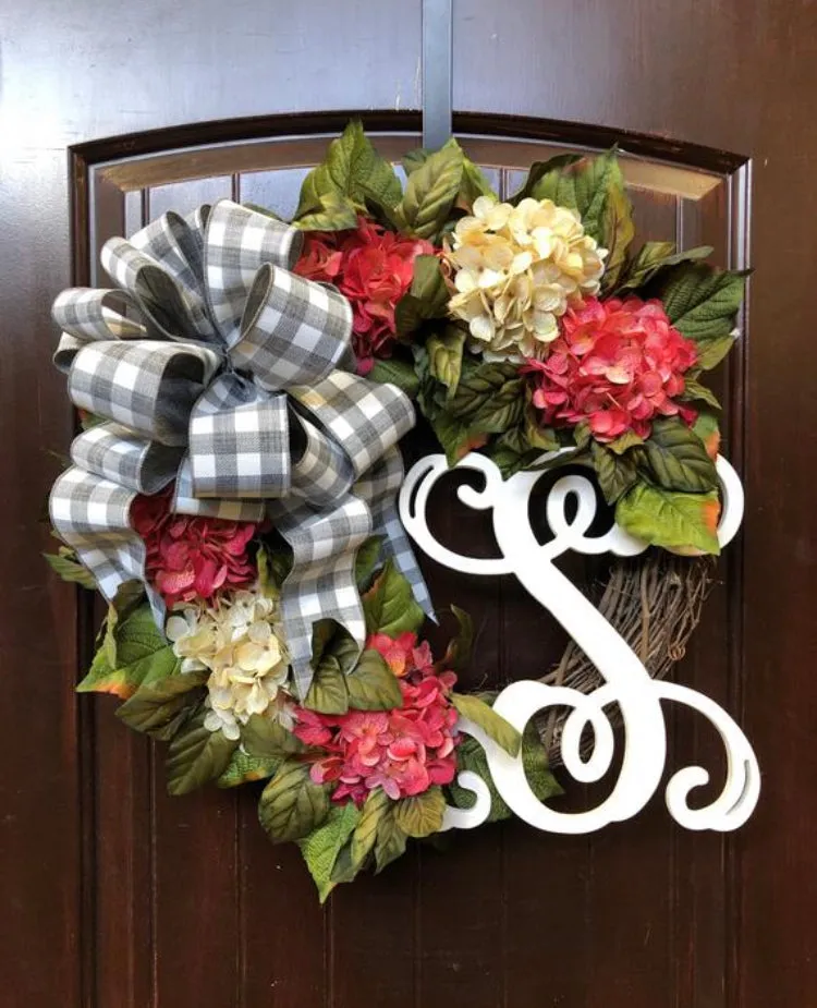 Hydrangea Monogram Initial Wreath with Two Bow Options and Antique White and Coral French Hydrangeas on Grapevine Base-Farmhouse Style Door Decor