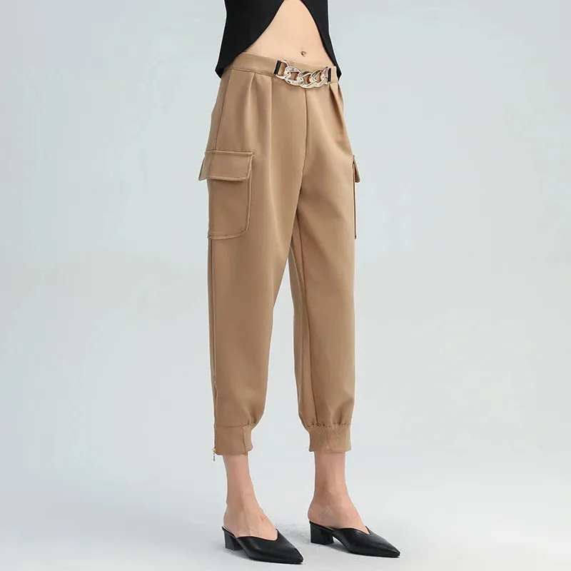 Khaki Cargo Pants For Women High Waist Patchwork Chain Casual Straight Trousers Female Fashion Clothing