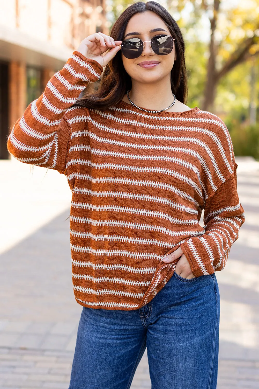 Khaki Stripe Drop Shoulder Casual Sweater