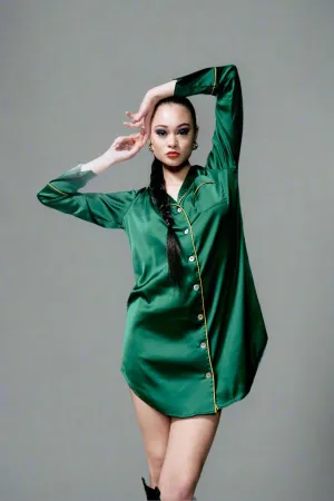 Kilo Brava Satin Sleepshirt in Emerald & Gold