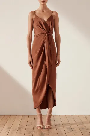 LUXE TIE FRONT COCKTAIL DRESS - MOCHA