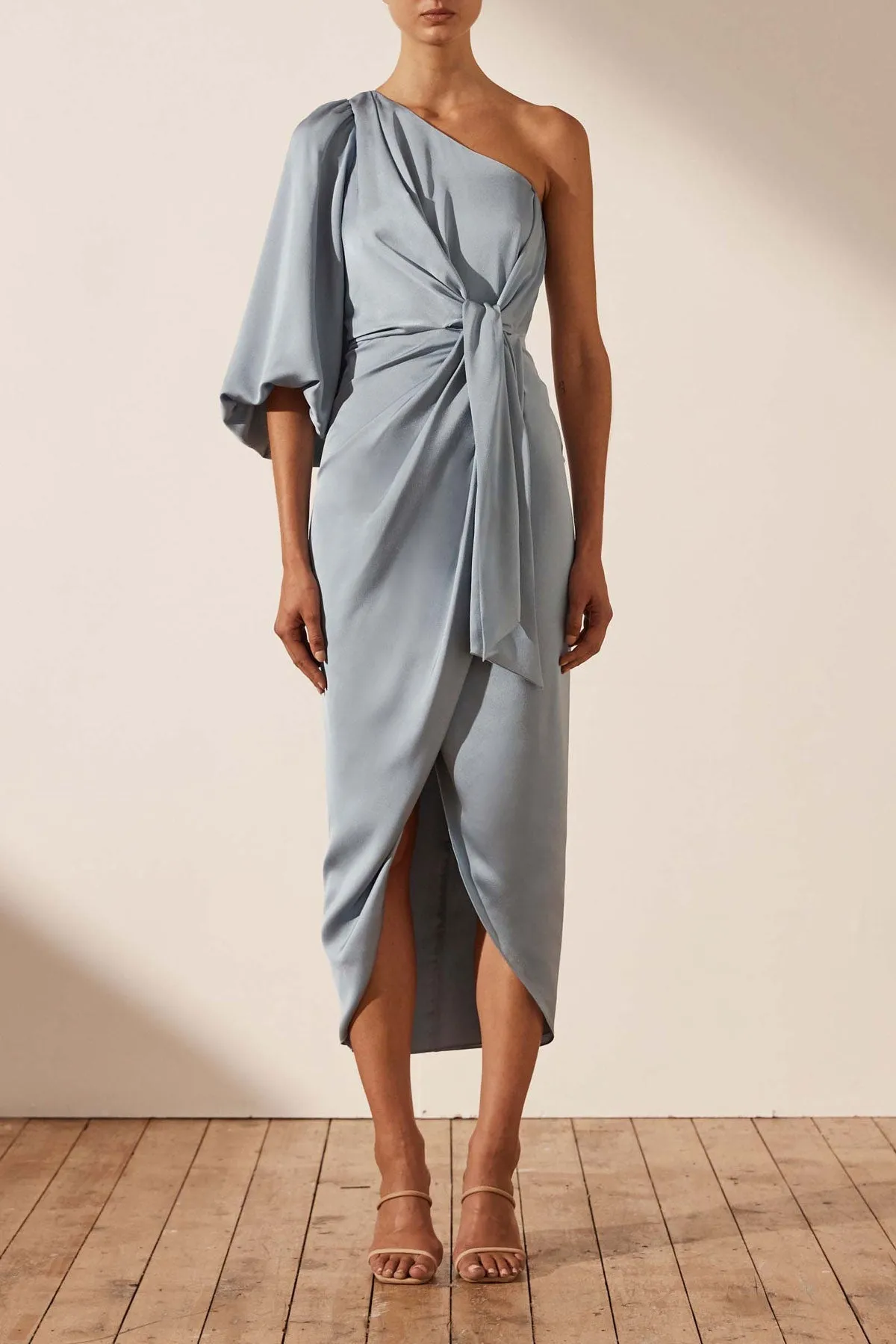 LUXE TIE FRONT ONE SHOULDER DRESS - AZURE