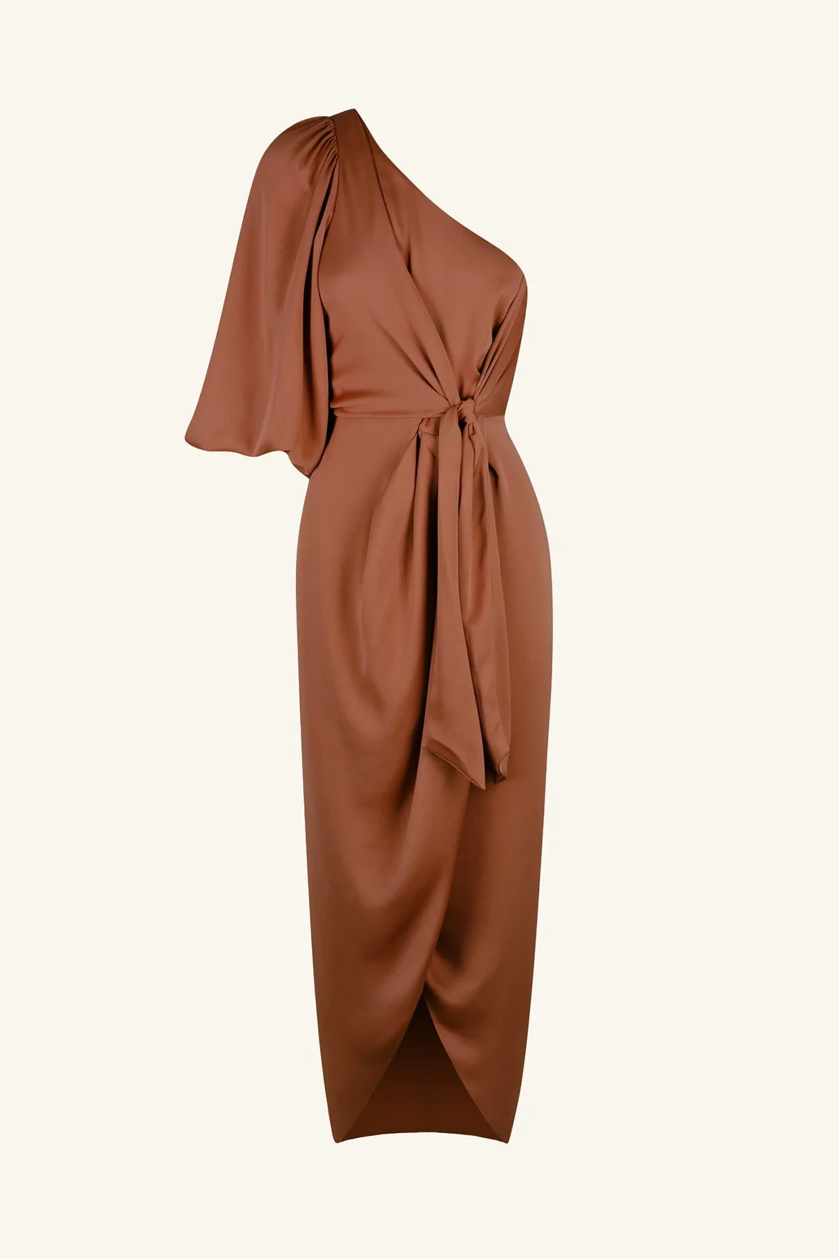 LUXE TIE FRONT ONE SHOULDER DRESS - MOCHA