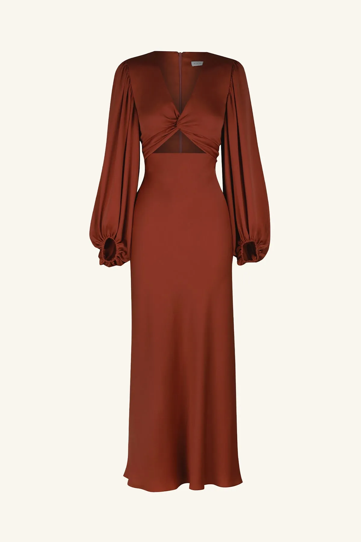 LUXE TWIST FRONT BALLOON SLEEVE MIDI DRESS - SANGRIA