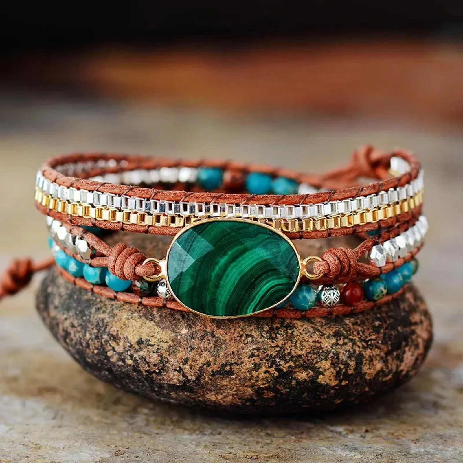 Malachite Leather Wrap Bracelet