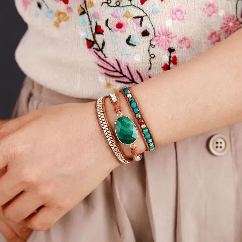 Malachite Leather Wrap Bracelet