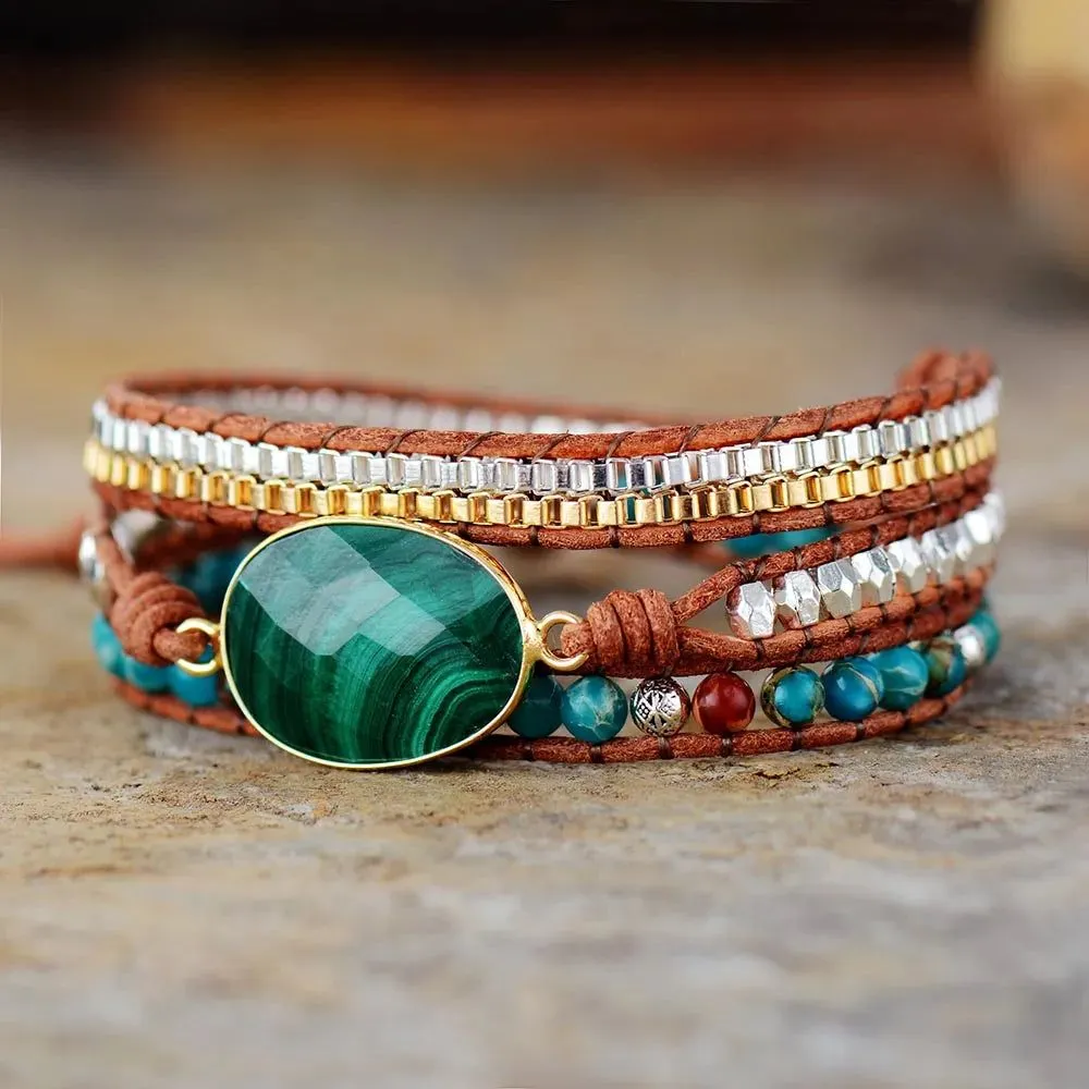 Malachite Leather Wrap Bracelet