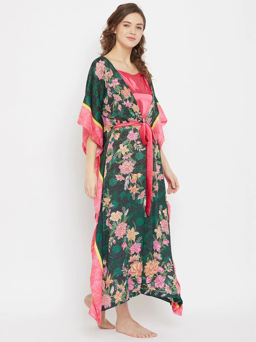 Oriental Garden Green Satin Kaftan Gown - (Clearance - Final Sale)