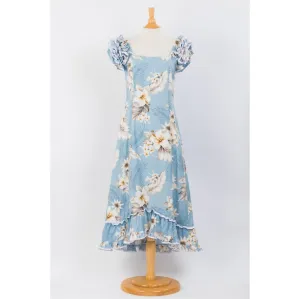 Pastel Blue Hibiscus Print Ruffle Sleeve Dress