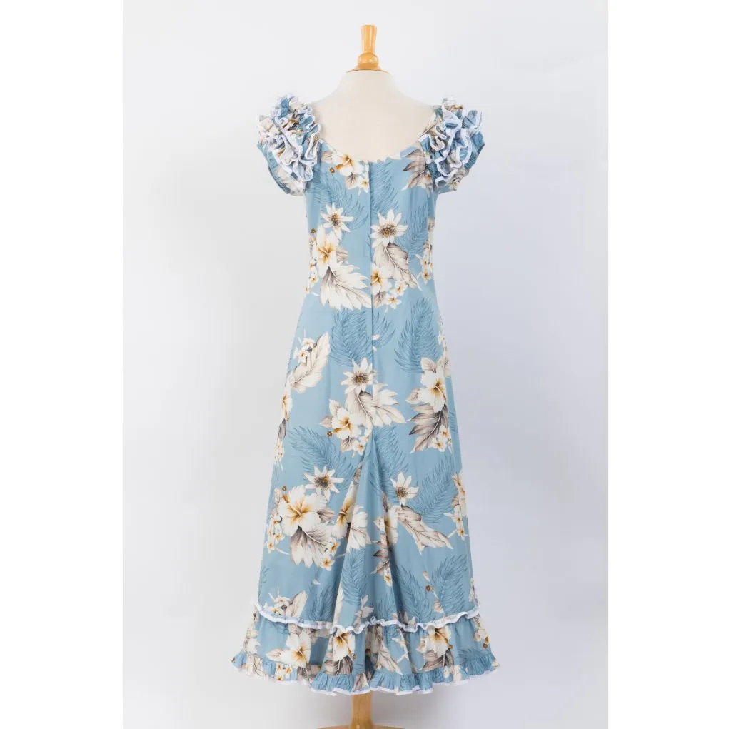 Pastel Blue Hibiscus Print Ruffle Sleeve Dress