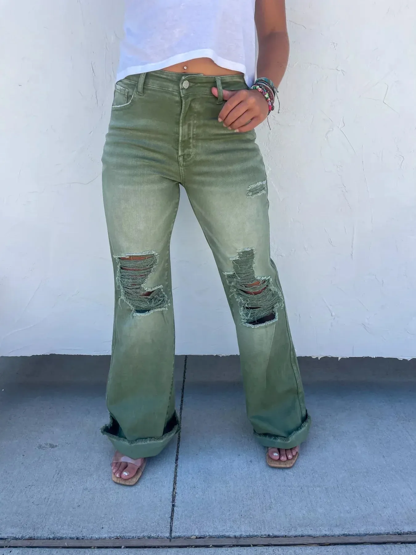 PREORDER: Blakeley Distressed Jeans In Olive and Camel