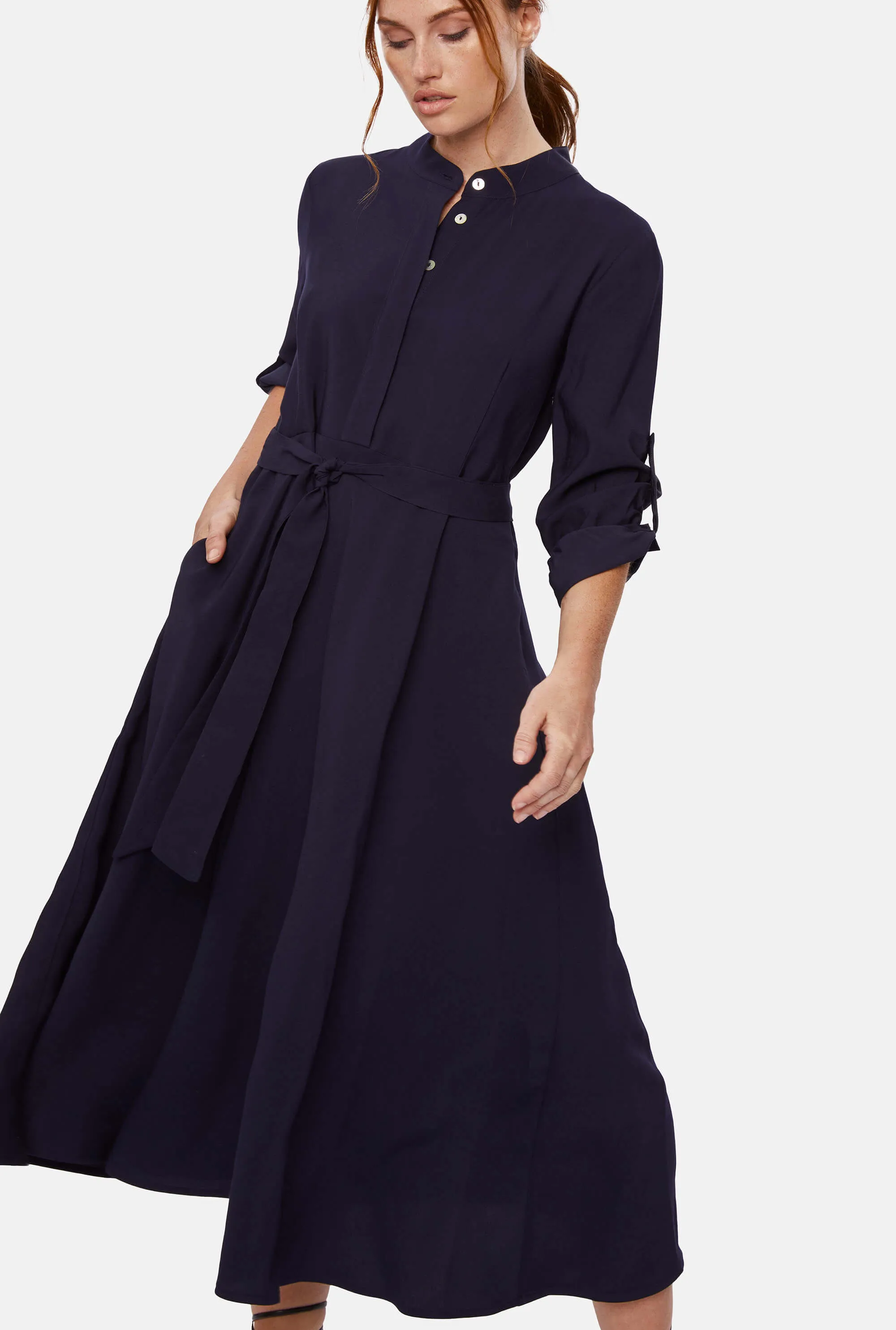 Roll Sleeve Midi Dress Navy