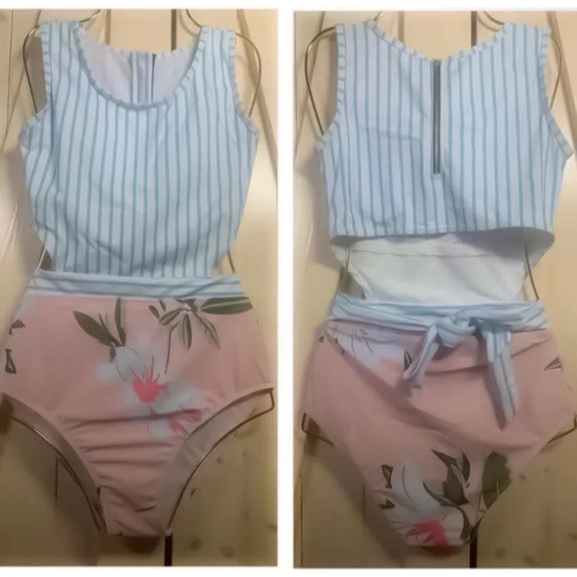 s-xxl Swimsuit Peachy Rose & Pinstripes Monokini small medium large xl xxl pink blue aqua white women feminine modest 2024 cruise swim beach