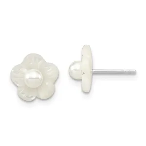 Sterling Silver Mother of Pearl Flower with 4mm Pearl Earrings