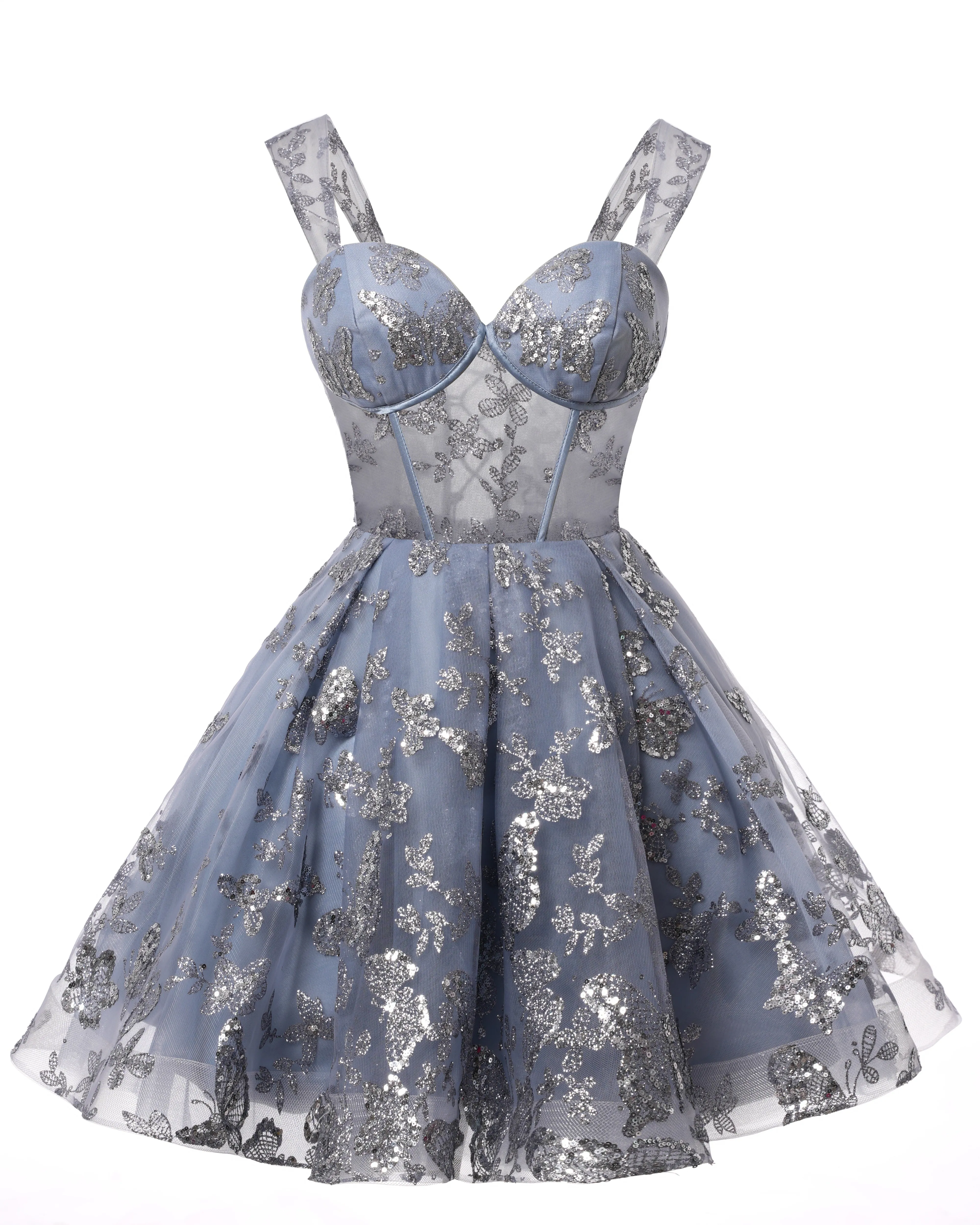 Teens Sparkly Tulle Dusty Blue Homecoming Dresses Spaghetti Straps Short Cocktail Party Prom Dress